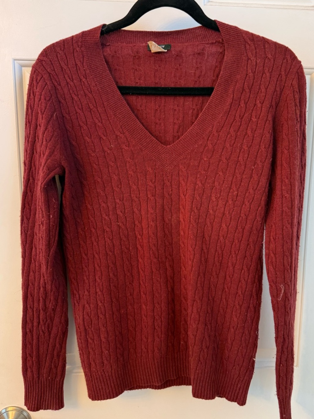 J. Crew Wine Colored Classic V-Neck Cable Knit Sweater